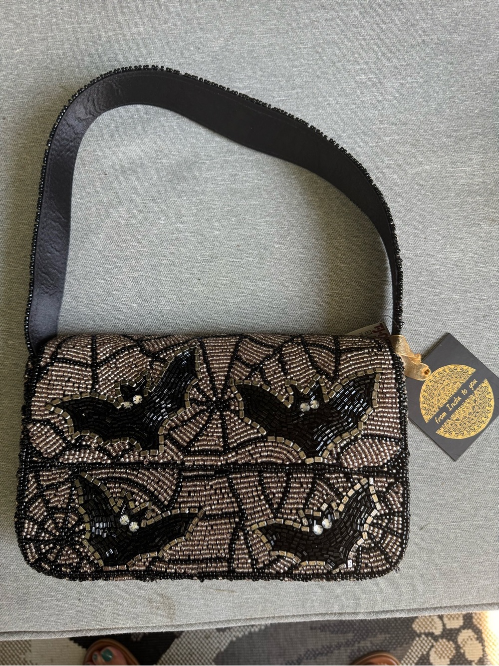 Beaded Bat Motif Evening Shoulder Bag - Black/Brown